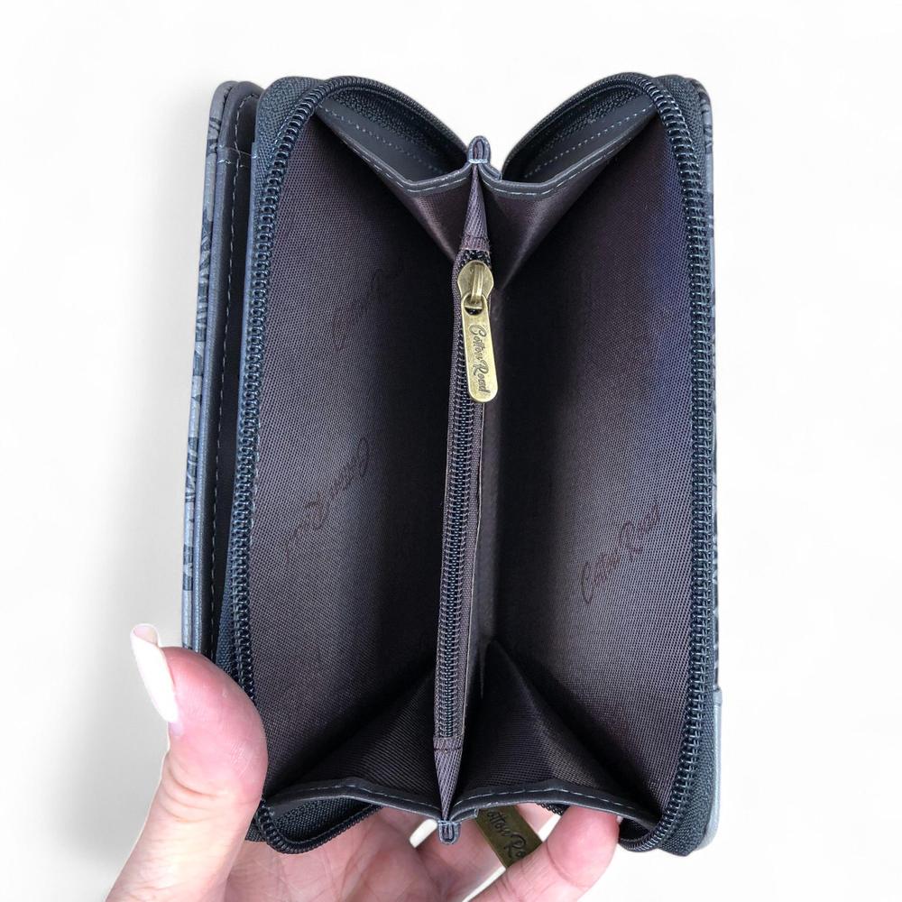 Medium GREY PU Leather Cotton Road Wallet with FLORAL Panel