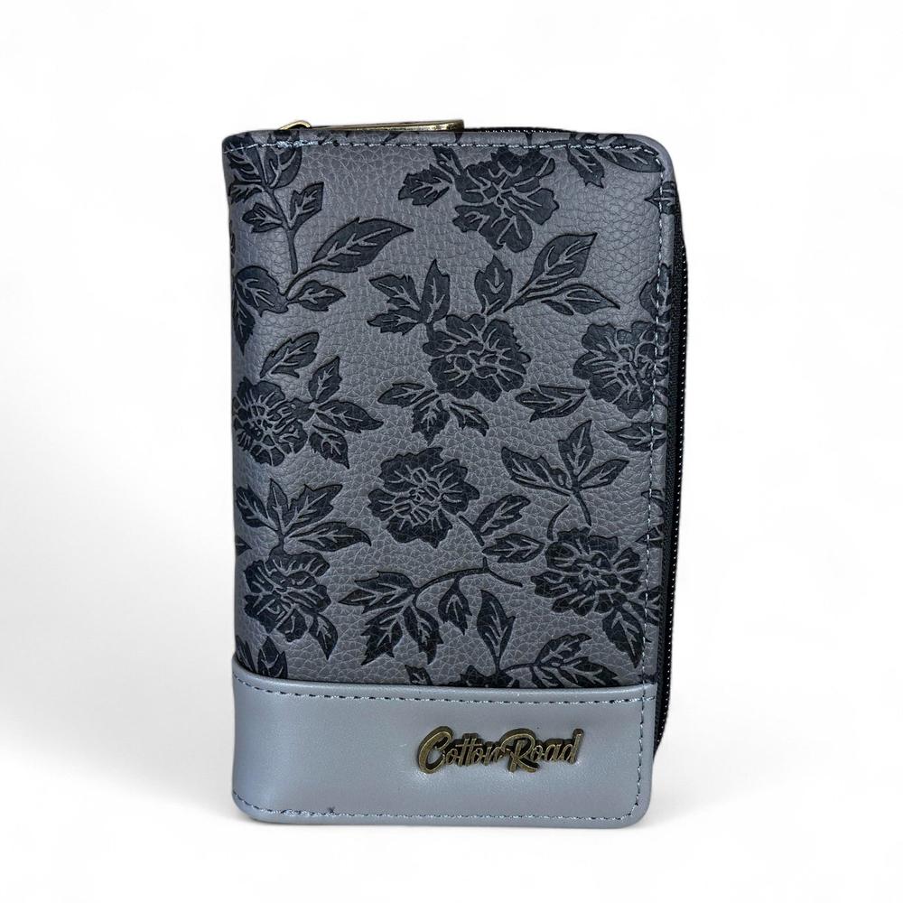 Medium GREY PU Leather Cotton Road Wallet with FLORAL Panel