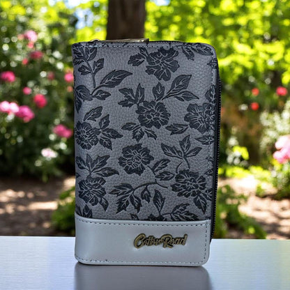 Medium GREY PU Leather Cotton Road Wallet with FLORAL Panel