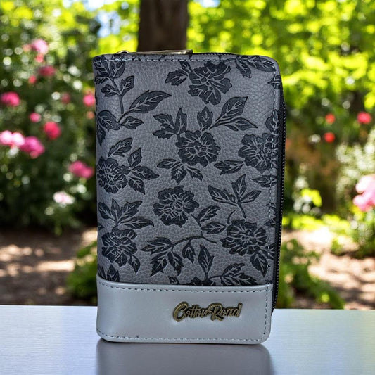 Medium GREY PU Leather Cotton Road Wallet with FLORAL Panel