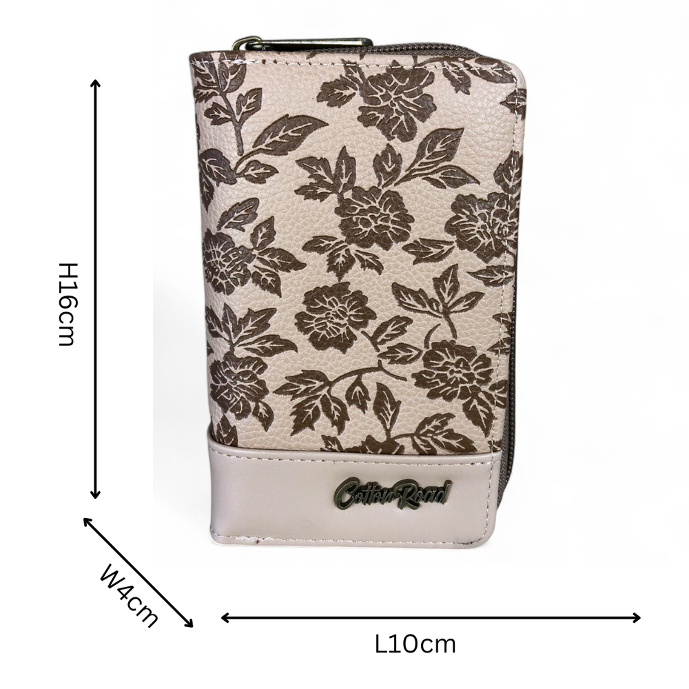 Medium KHAKI PU Leather Cotton Road Wallet with FLORAL Panel