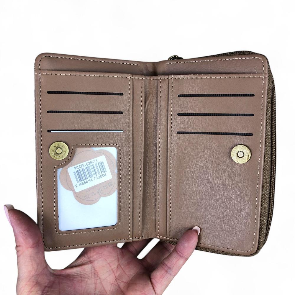 Medium KHAKI PU Leather Cotton Road Wallet with FLORAL Panel