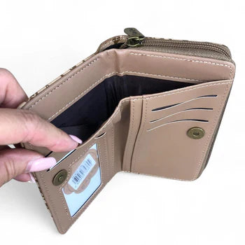 Medium KHAKI PU Leather Cotton Road Wallet with FLORAL Panel