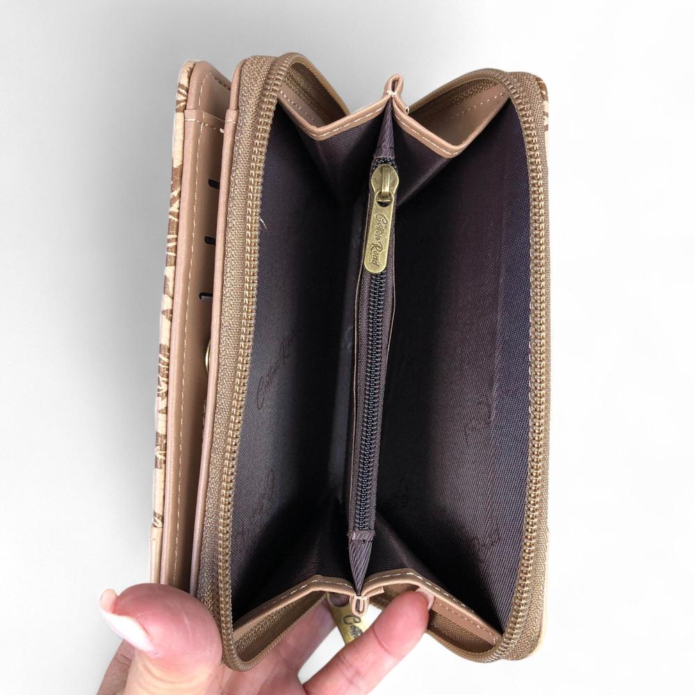 Medium KHAKI PU Leather Cotton Road Wallet with FLORAL Panel