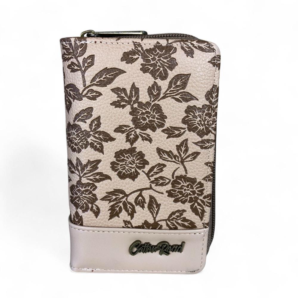 Medium KHAKI PU Leather Cotton Road Wallet with FLORAL Panel