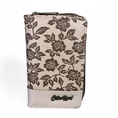 Medium KHAKI PU Leather Cotton Road Wallet with FLORAL Panel