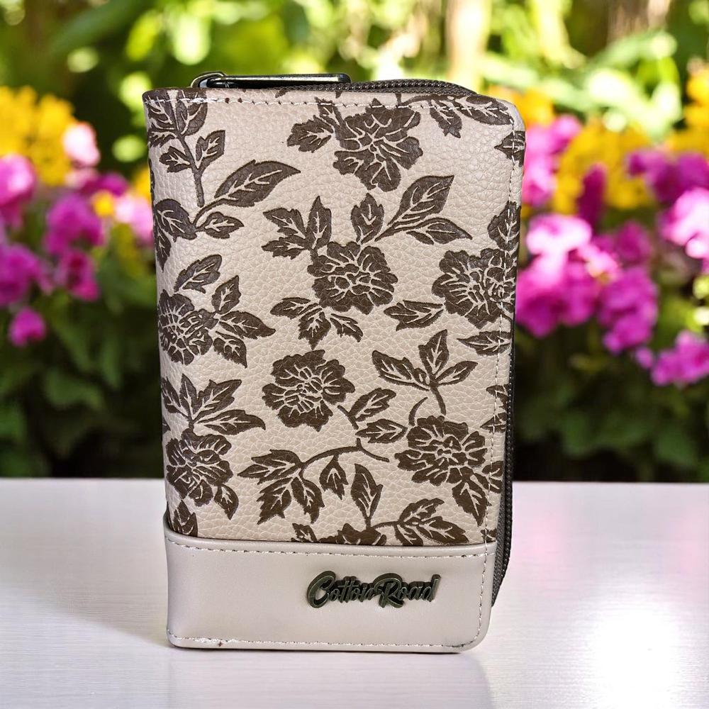 Medium KHAKI PU Leather Cotton Road Wallet with FLORAL Panel