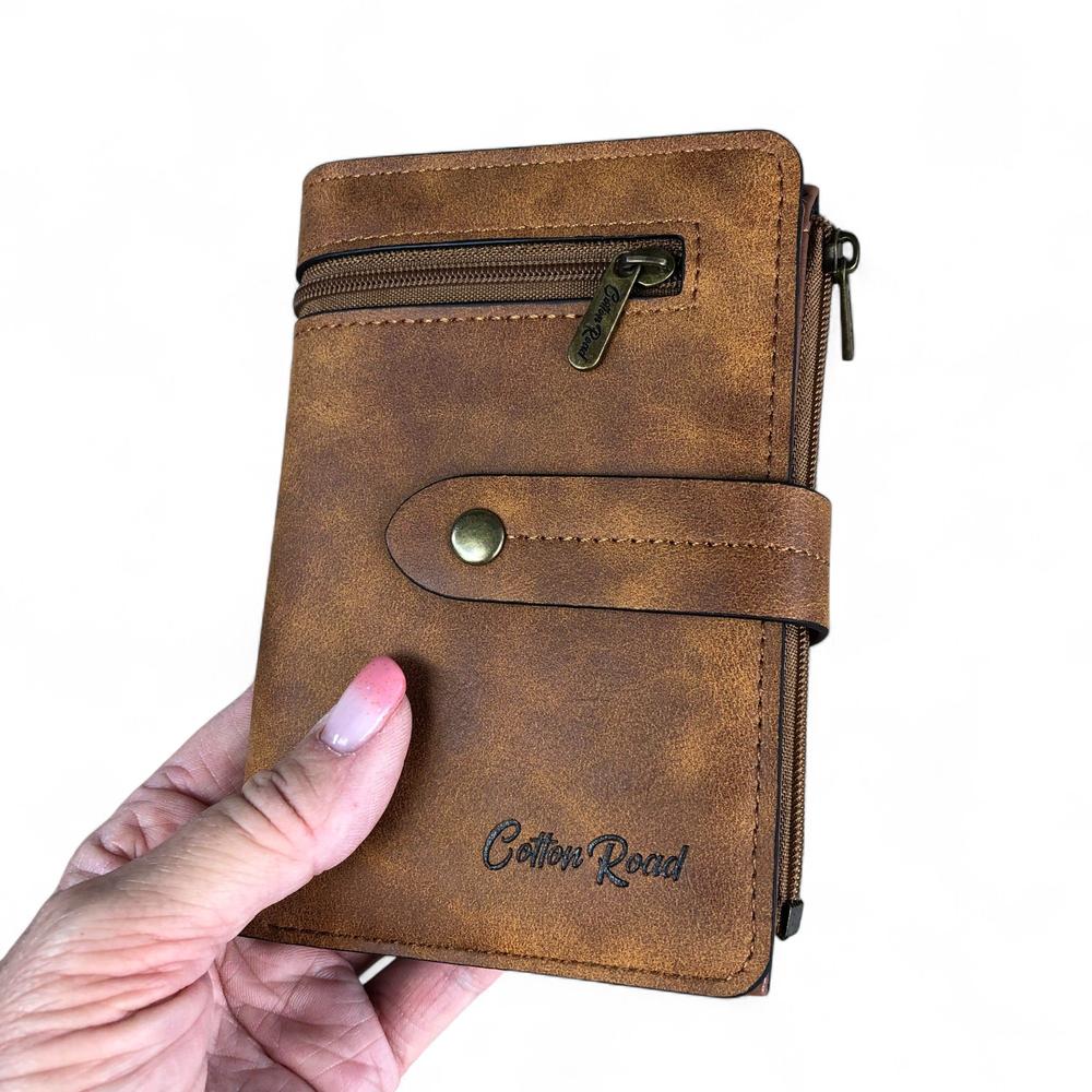 Medium KHAKI PU Leather Cotton Road Wallet with OUTSIDE ZIP Pocket