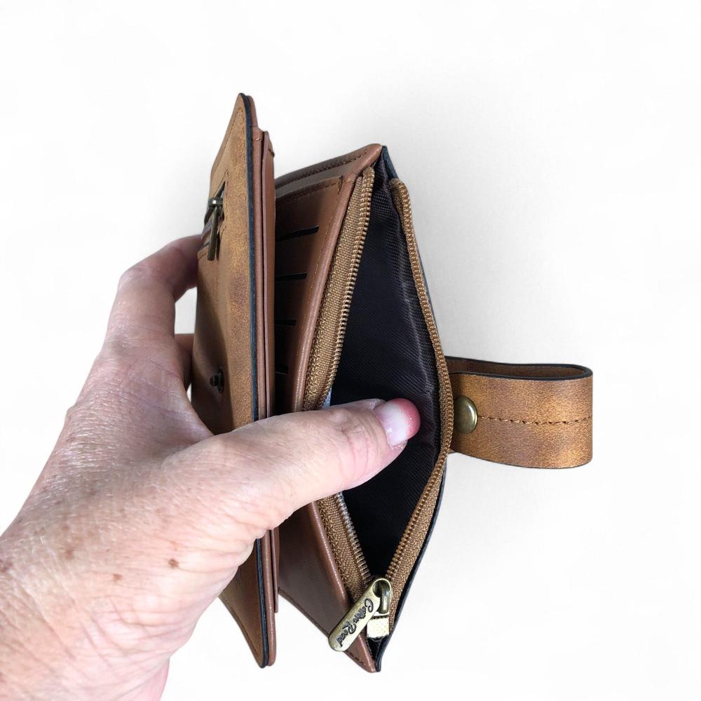 Medium KHAKI PU Leather Cotton Road Wallet with OUTSIDE ZIP Pocket