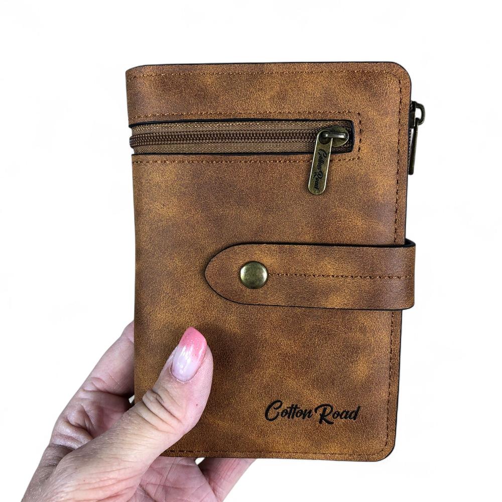 Medium KHAKI PU Leather Cotton Road Wallet with OUTSIDE ZIP Pocket