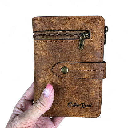 Medium KHAKI PU Leather Cotton Road Wallet with OUTSIDE ZIP Pocket