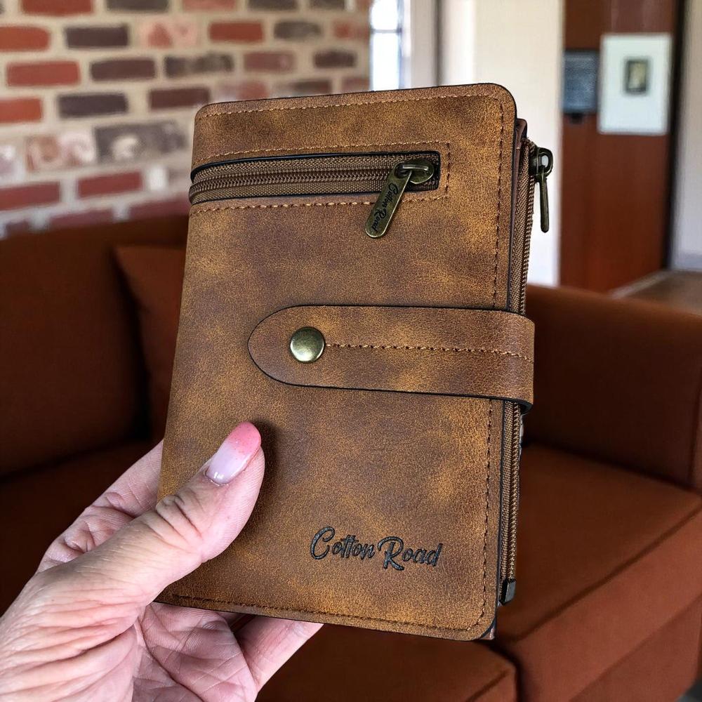 Medium KHAKI PU Leather Cotton Road Wallet with OUTSIDE ZIP Pocket