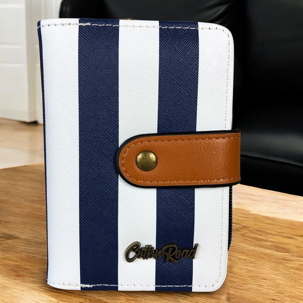 Medium NAVY and WHITE Cotton Road Wallet with TAN Trim and CLIP