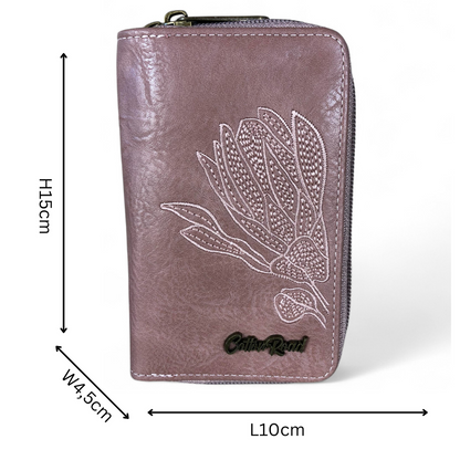 Medium PINK Cotton Road PU Leather Wallet with EMBROIDERED PROTEA