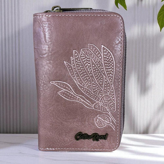 Medium PINK Cotton Road PU Leather Wallet with EMBROIDERED PROTEA
