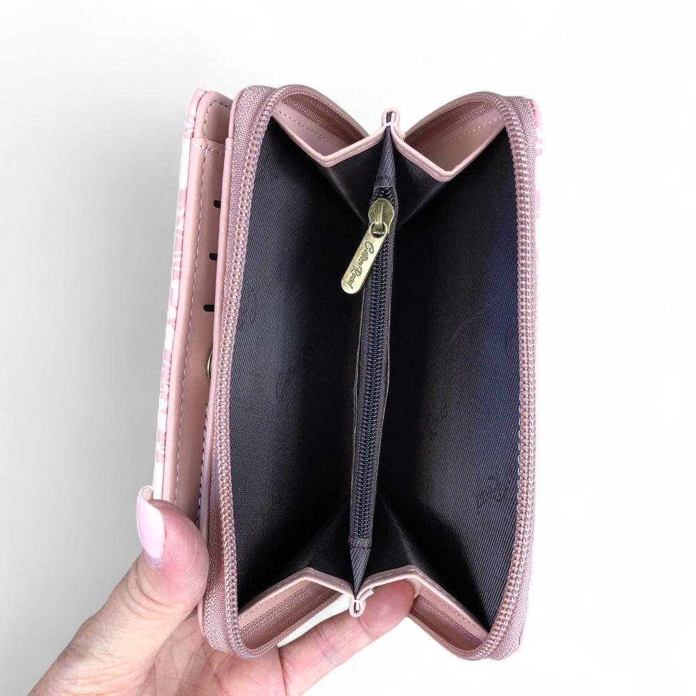 Medium PINK PU Leather Cotton Road Wallet with FLORAL Panel