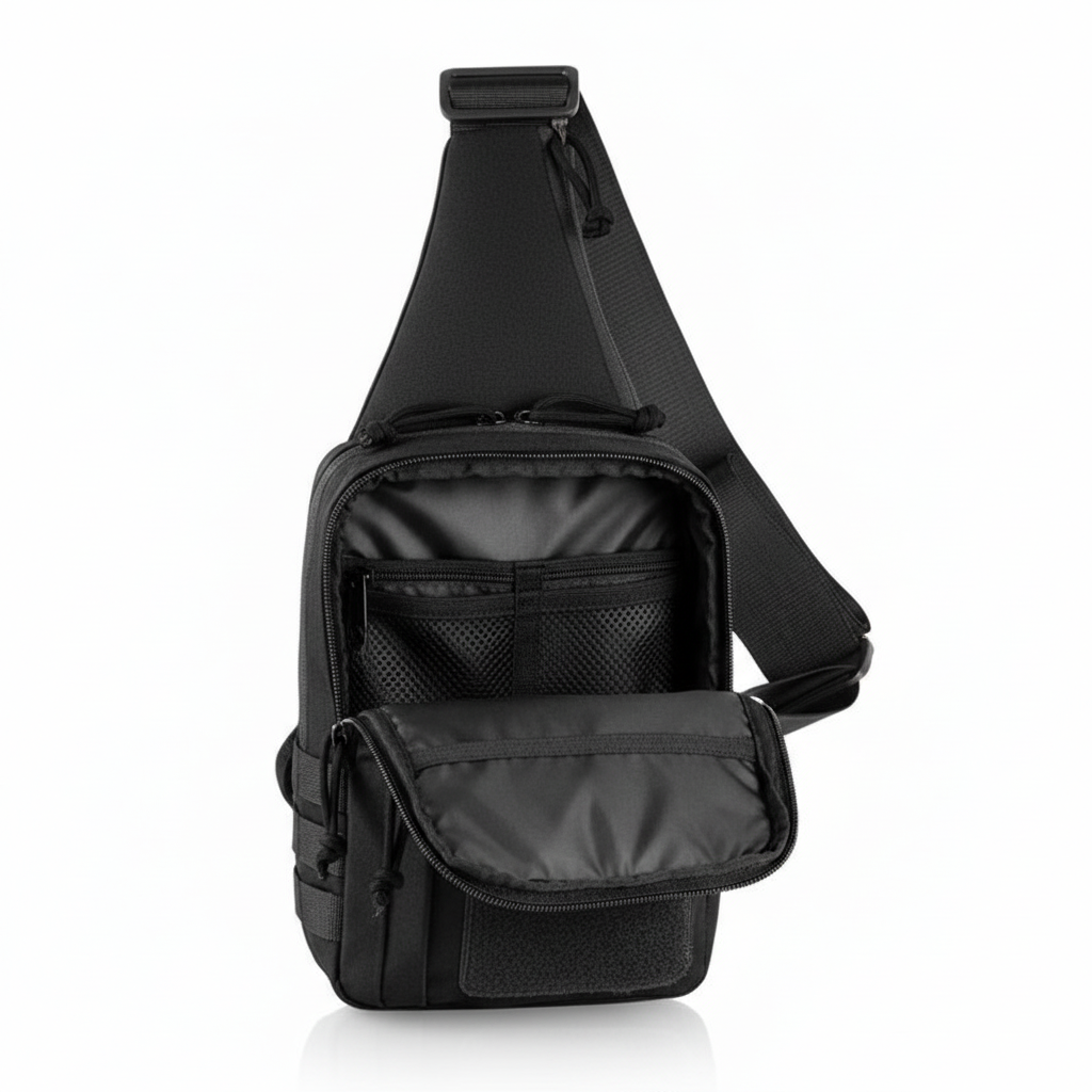 Military Tactical Black sling bag with open front pocket on a white background