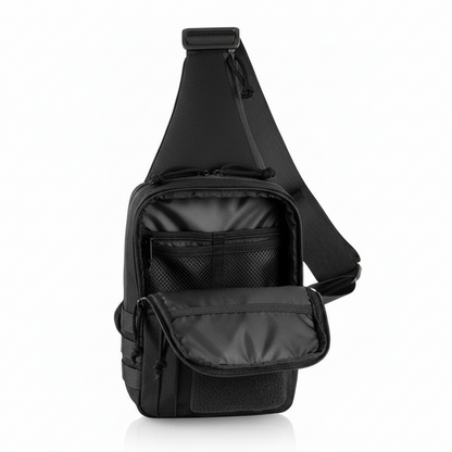 Military Tactical Black sling bag with open front pocket on a white background
