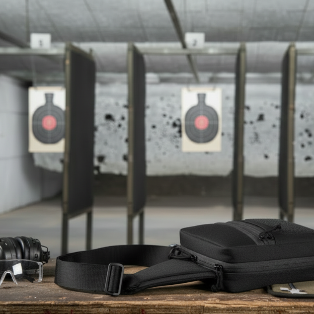 Military Tactical Black bag, headset, and safety glasses on a table with targets in the background at an indoor shooting range.