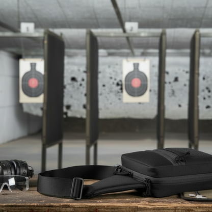 Military Tactical Black bag, headset, and safety glasses on a table with targets in the background at an indoor shooting range.