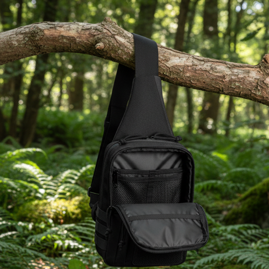 Military Style Tactical Black sling / gun bag hanging on a tree branch in a forest setting