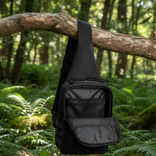 Military Style Tactical Black sling / gun bag hanging on a tree branch in a forest setting