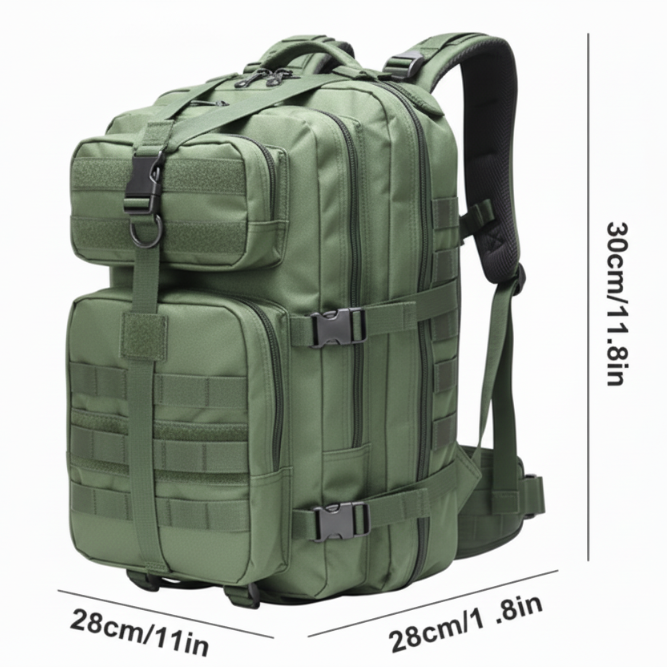Black Military Tactical Backpack front view with dimensions outlined. 
