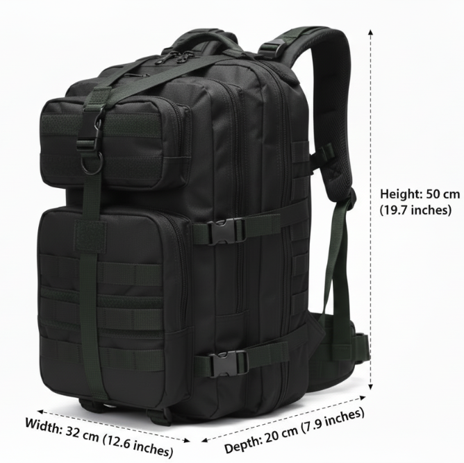 Tactical Outdoor Backpack: 30l Black canvas multi-compartment backpack - BLACK