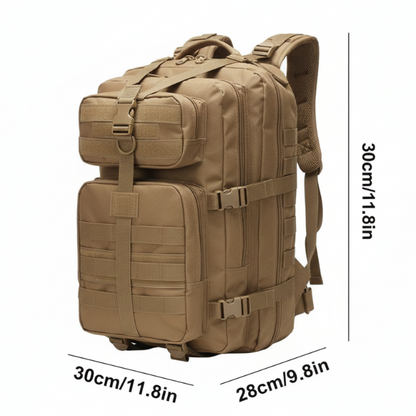 KHAKI Military Tactical Backpack front view with dimensions outlined. 
