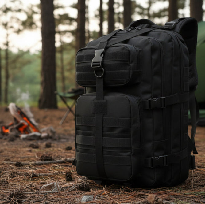 KHAKI Military Tactical Backpack for with multiple compartments and zipped pockets for outdoor camping. 