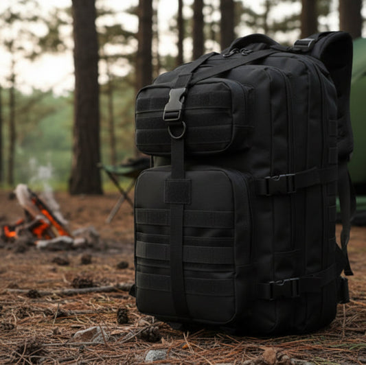 KHAKI Military Tactical Backpack for with multiple compartments and zipped pockets for outdoor camping. 