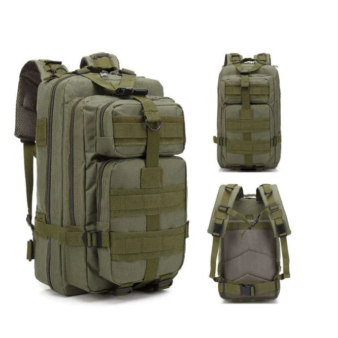 Green Military Tactical Backpack front, side and rear view. 