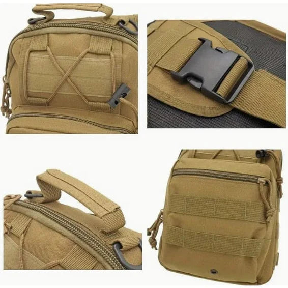 Durable Military style tactical sling bag with multiple VIEWS in KHAKI oxford fabric on white background. 