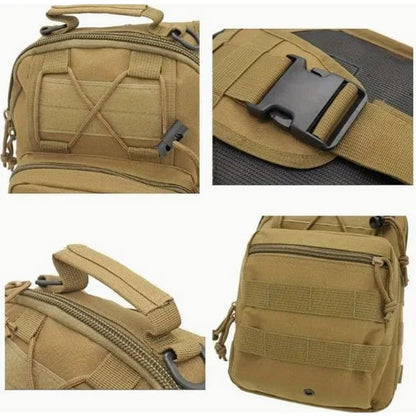 Durable Military style tactical sling bag with multiple VIEWS in KHAKI oxford fabric on white background. 
