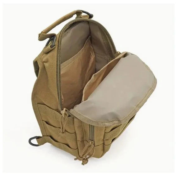Durable Military style tactical sling bag with multiple OPEN pockets in KHAKI oxford fabric on white background. 