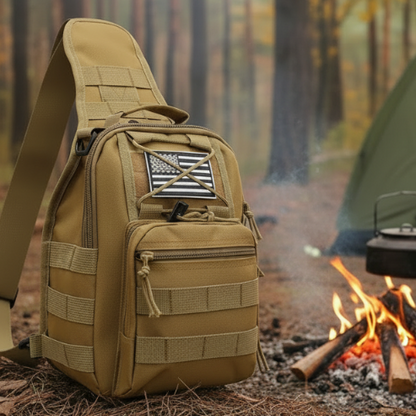 Durable Military style tactical sling bag with multiple VIEWS in KHAKI oxford fabric in a camp setting. 