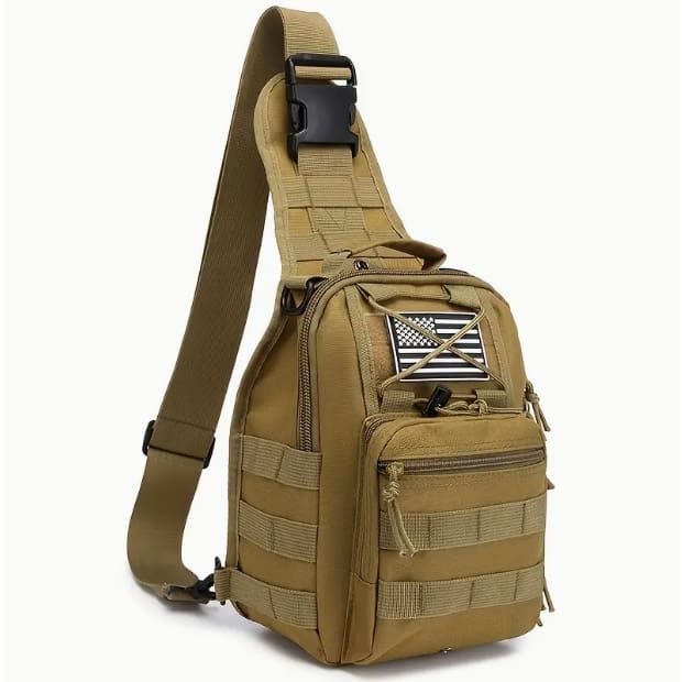 Durable Military style tactical sling bag with multiple pockets in KHAKI oxford fabric on white background. 