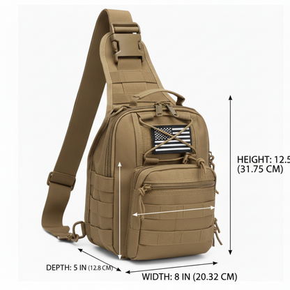 Durable Military style tactical sling bag with DIMENSIONS in KHAKI oxford fabric on white background. 