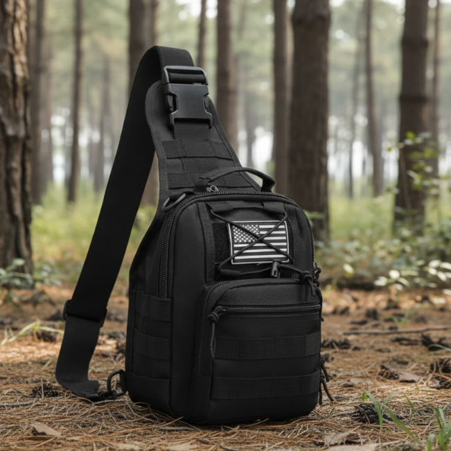 Durable Military style tactical sling bag with multiple pockets in black oxford fabric in the woods. We Sell Bags South Africa