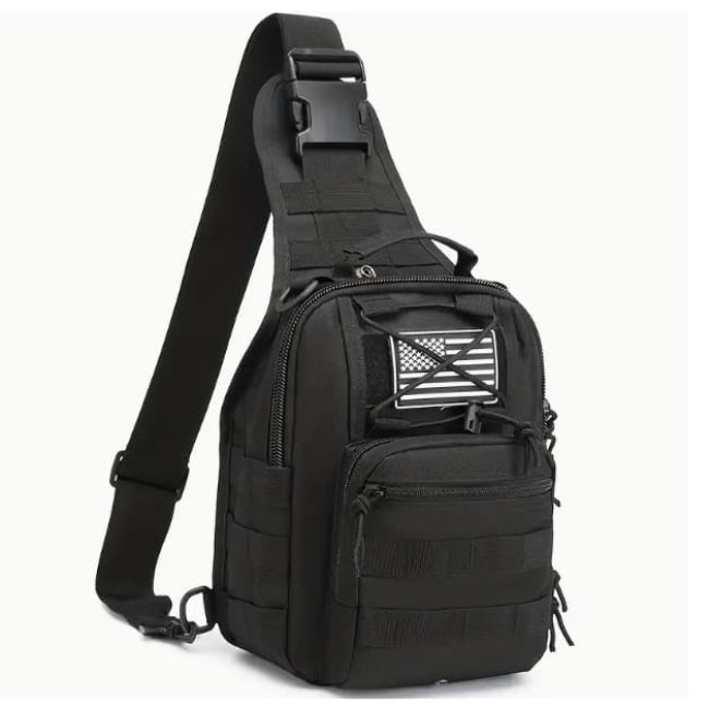 Durable Military style tactical sling bag with multiple pockets in black oxford fabric on a white background. We Sell Bags South Africa
