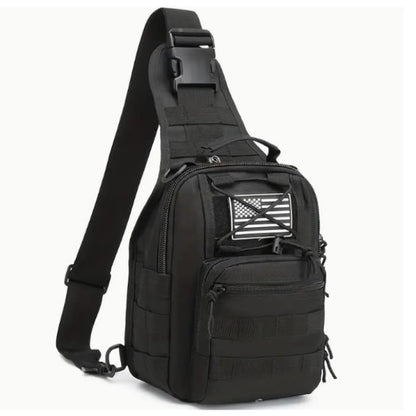 Durable Military style tactical sling bag with multiple pockets in black oxford fabric on a white background. We Sell Bags South Africa