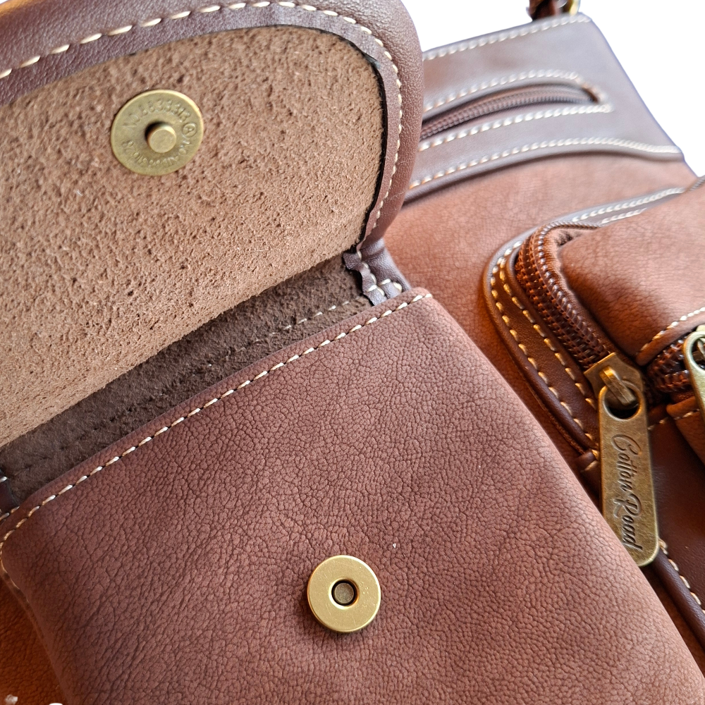 Cotton Road Sling Bag: BROWN Multi-pocket Crossbody with Adjustable Strap FRONT POCKET FLAP DETAIL