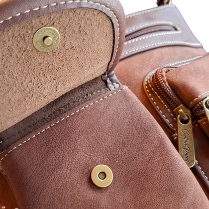 Cotton Road Sling Bag: BROWN Multi-pocket Crossbody with Adjustable Strap FRONT POCKET FLAP DETAIL