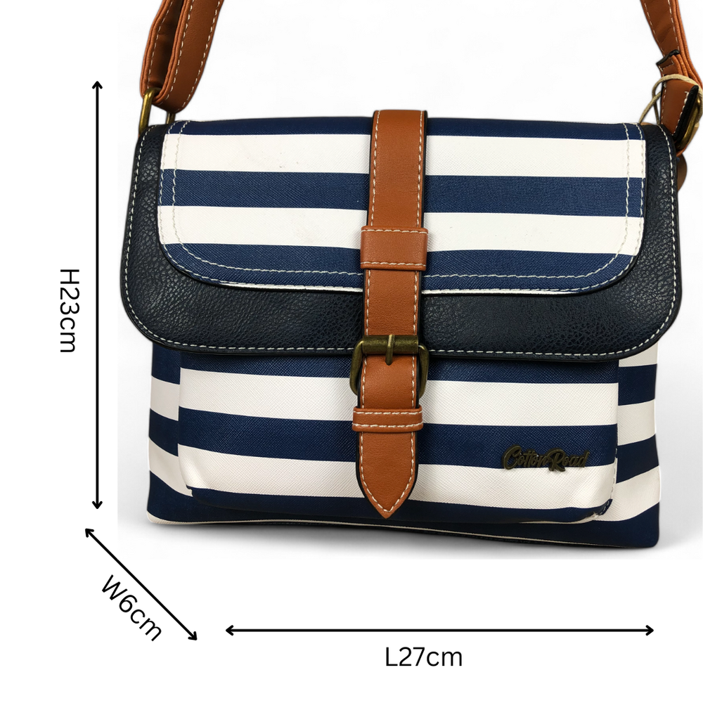 NAVY and WHITE PVC Cotton Road Sling Bag with STRIPES and TAN TRIM