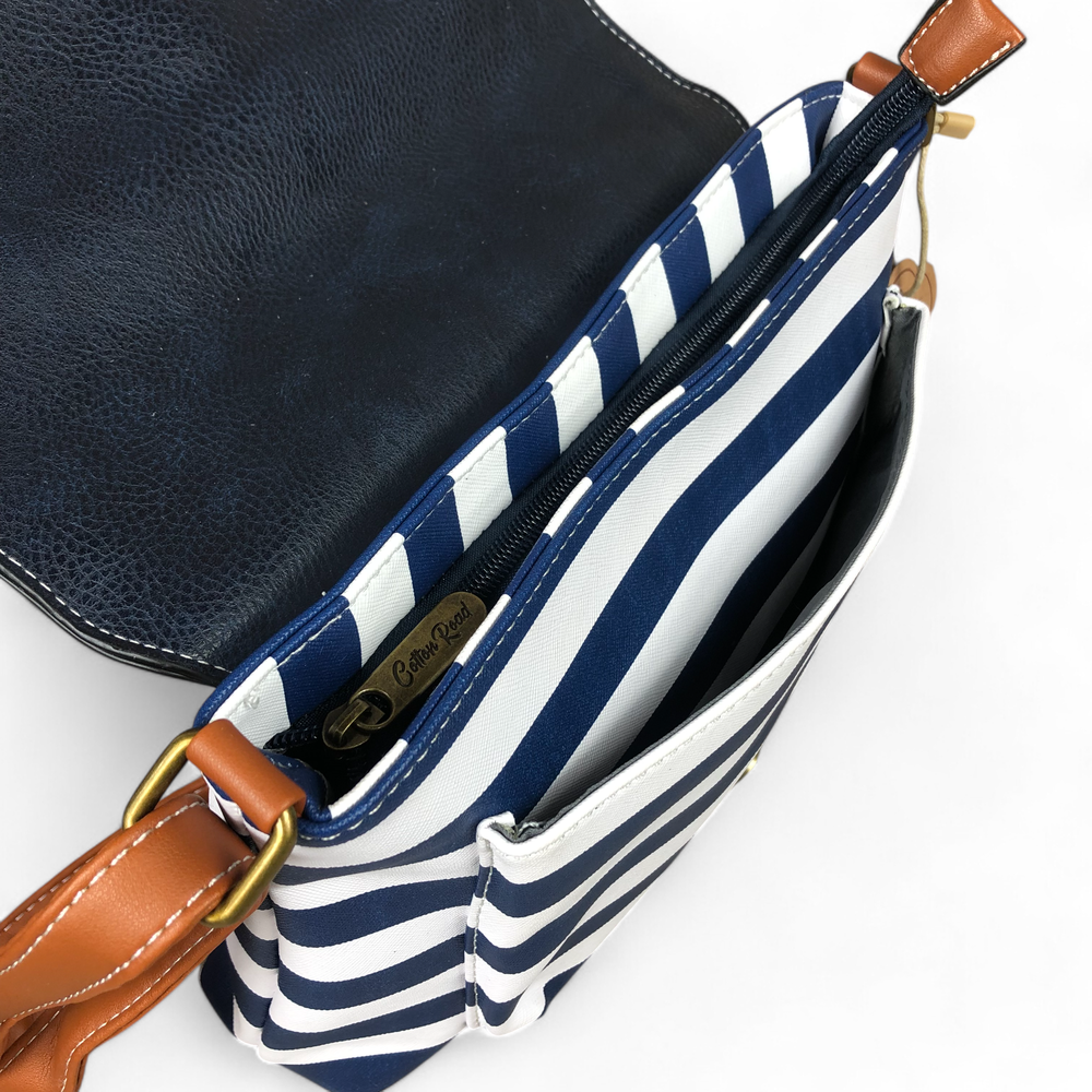 NAVY and WHITE PVC Cotton Road Sling Bag with STRIPES and TAN TRIM