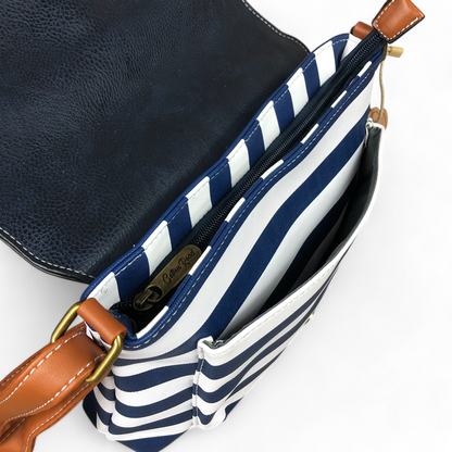 NAVY and WHITE PVC Cotton Road Sling Bag with STRIPES and TAN TRIM