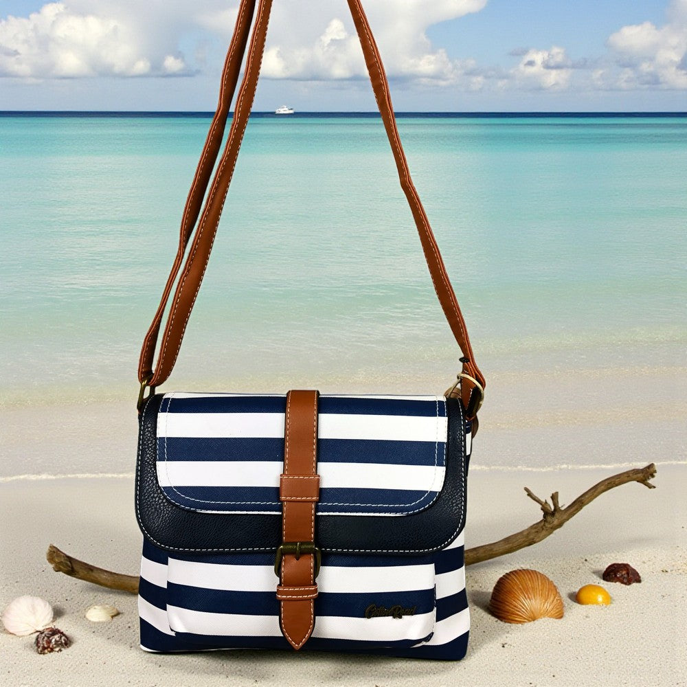 NAVY and WHITE PVC Cotton Road Sling Bag with STRIPES and TAN TRIM