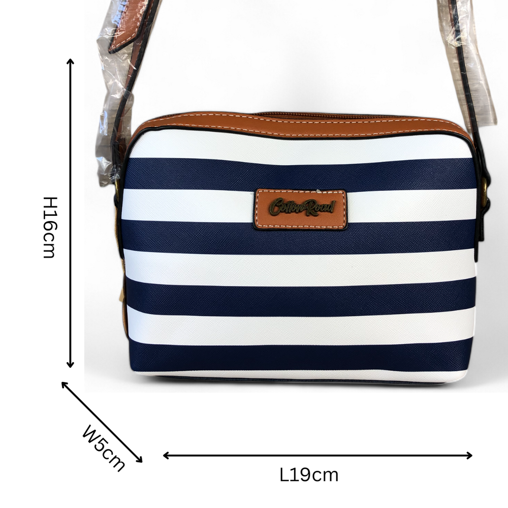 NAVY and WHITE Striped PVC Cotton Road Sling Bag with TAN Trim