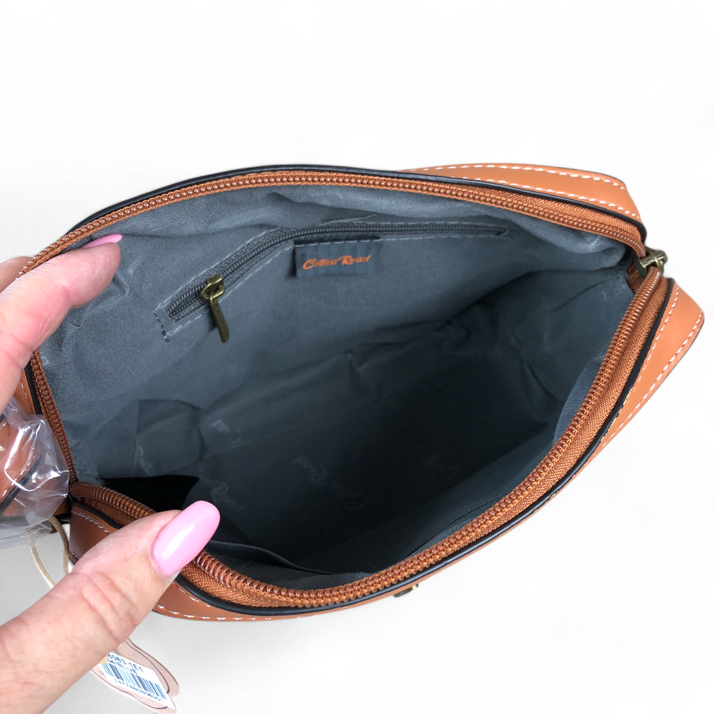 NAVY and WHITE Striped PVC Cotton Road Sling Bag with TAN Trim