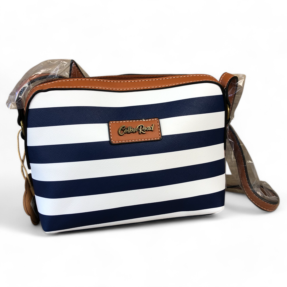 NAVY and WHITE Striped PVC Cotton Road Sling Bag with TAN Trim